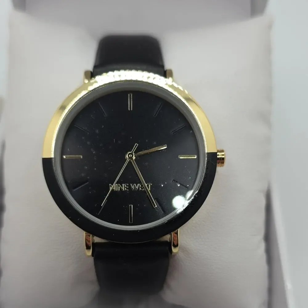 Nine West Women’s Quartz Watch Black Dial Gold-Tone Case Leather Strap Box